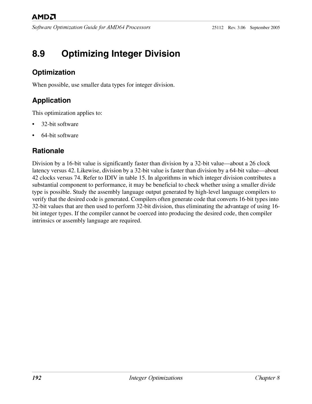 AMD 250 manual Optimizing Integer Division, 192 