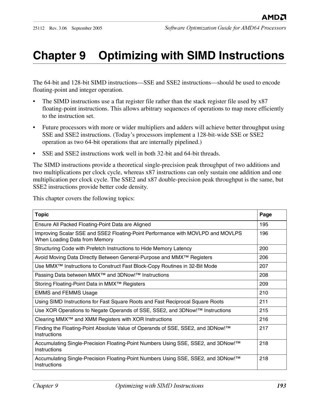 AMD 250 manual Optimizing with Simd Instructions, 193 