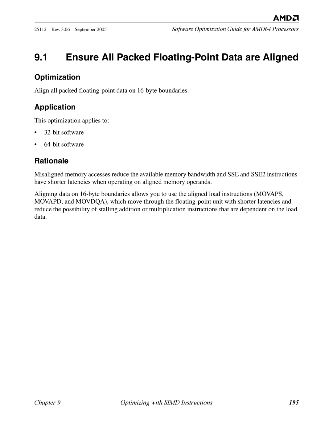 AMD 250 manual Ensure All Packed Floating-Point Data are Aligned, 195 