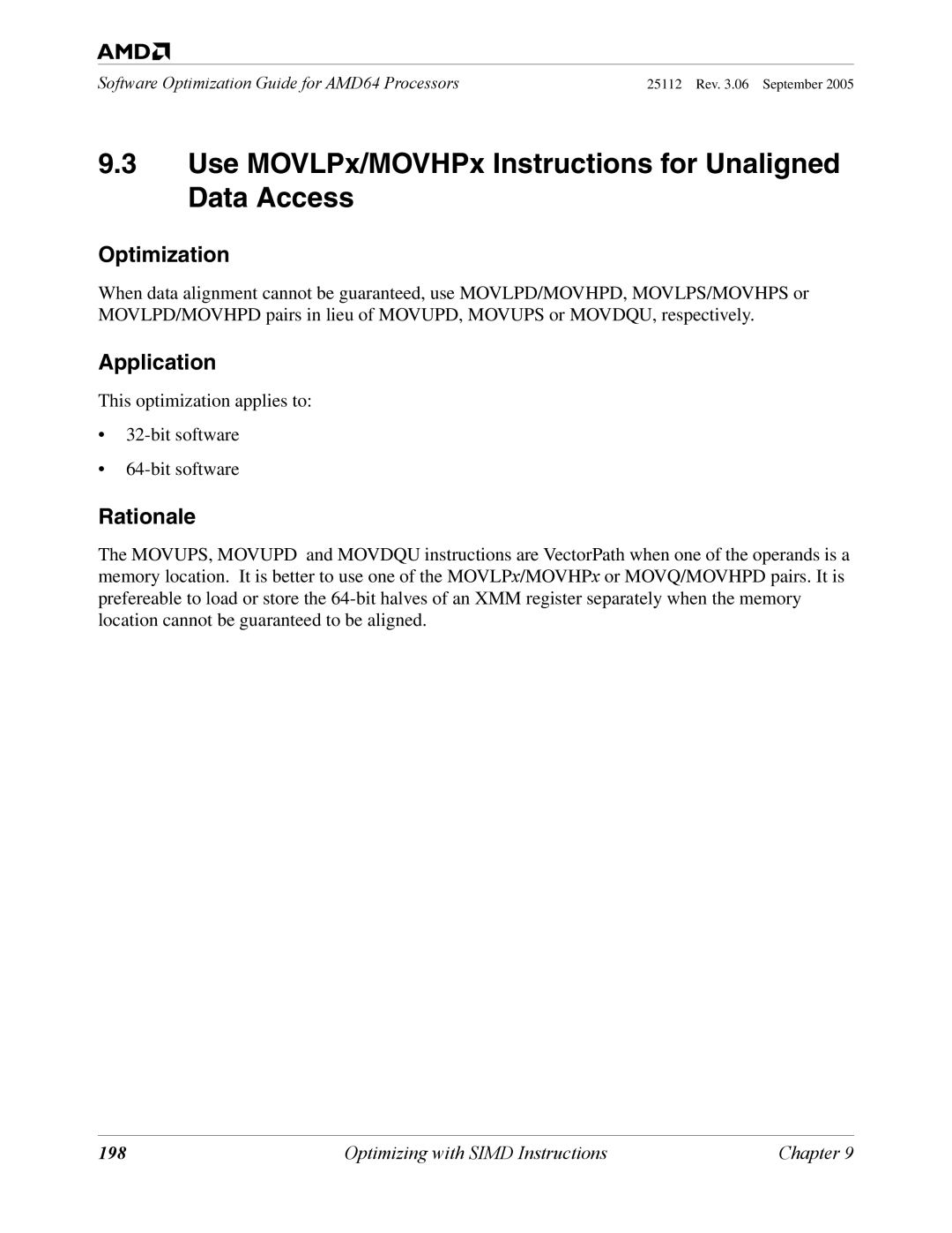 AMD 250 manual Use MOVLPx/MOVHPx Instructions for Unaligned Data Access, 198 