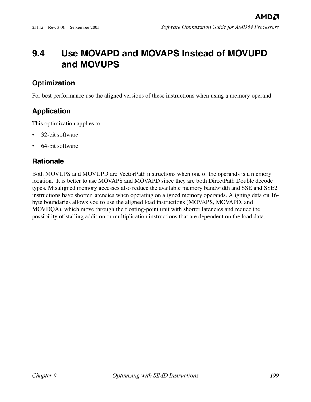 AMD 250 manual Use Movapd and Movaps Instead of Movupd and Movups, 199 