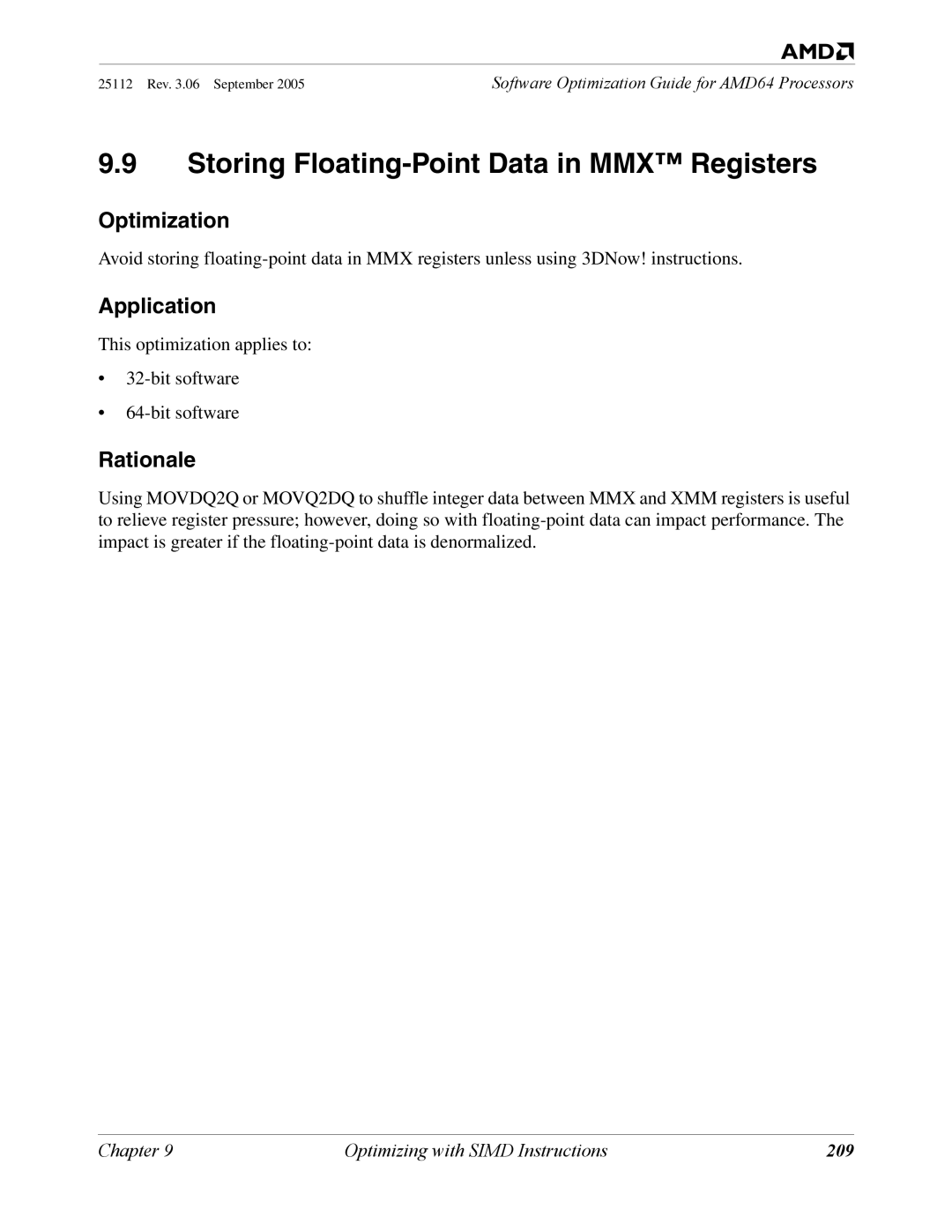 AMD 250 manual Storing Floating-Point Data in MMX Registers, 209 