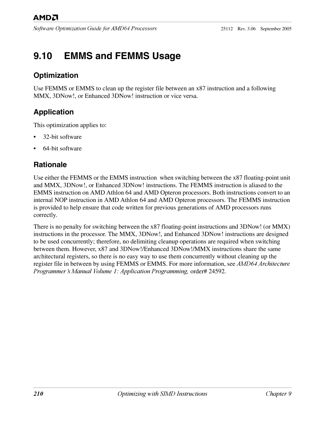 AMD 250 manual Emms and Femms Usage, 210 