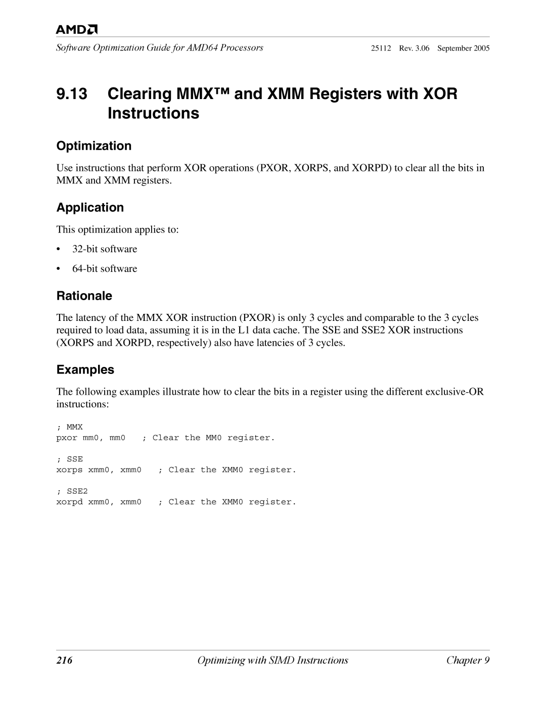 AMD 250 manual Clearing MMX and XMM Registers with XOR Instructions, 216 