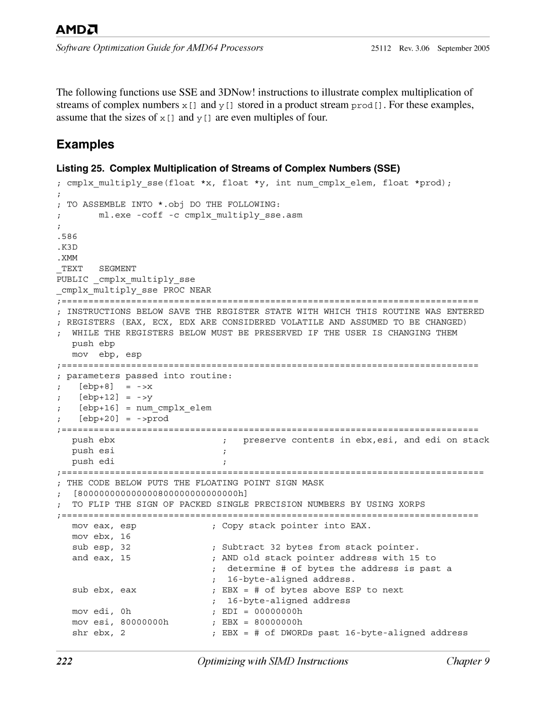 AMD 250 manual 222, Code below Puts the Floating Point Sign Mask 