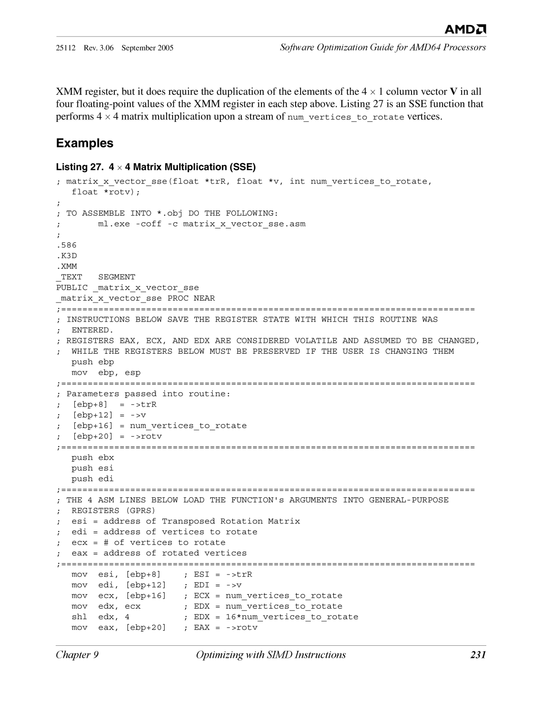 AMD 250 manual 231, Listing 27 ⋅ 4 Matrix Multiplication SSE 