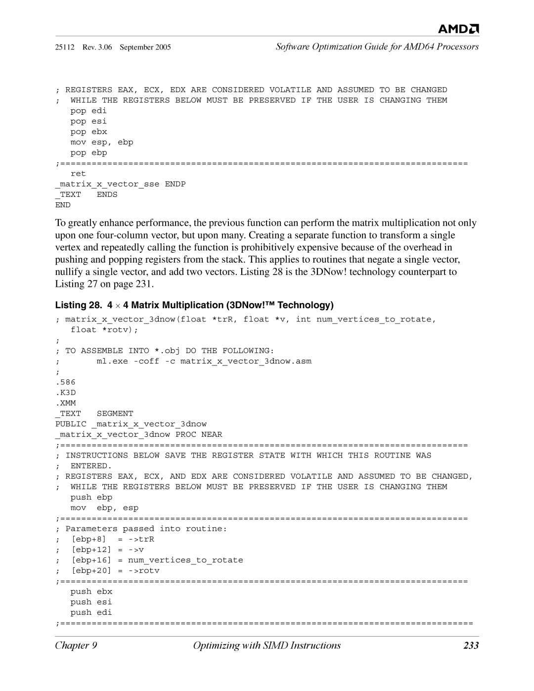 AMD 250 manual 233, Listing 28 ⋅ 4 Matrix Multiplication 3DNow! Technology 