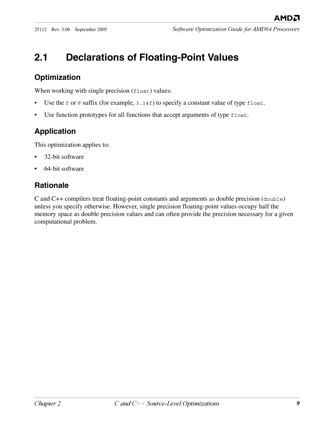 AMD 250 manual Declarations of Floating-Point Values, Optimization, Application, Rationale 