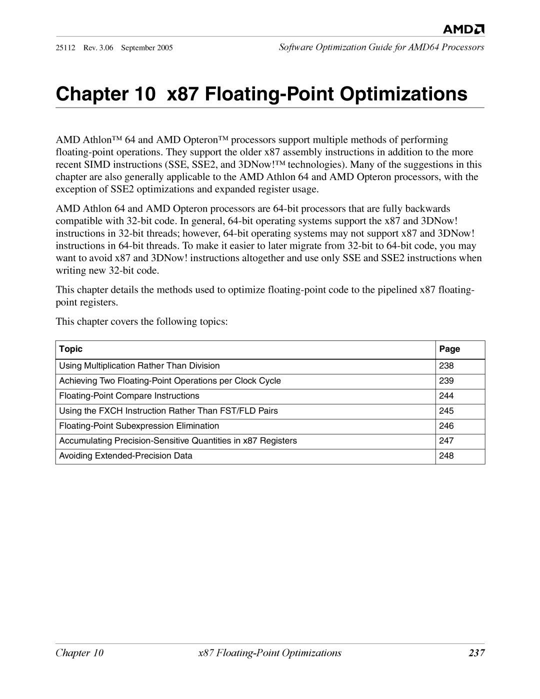 AMD 250 manual X87 Floating-Point Optimizations, 237 