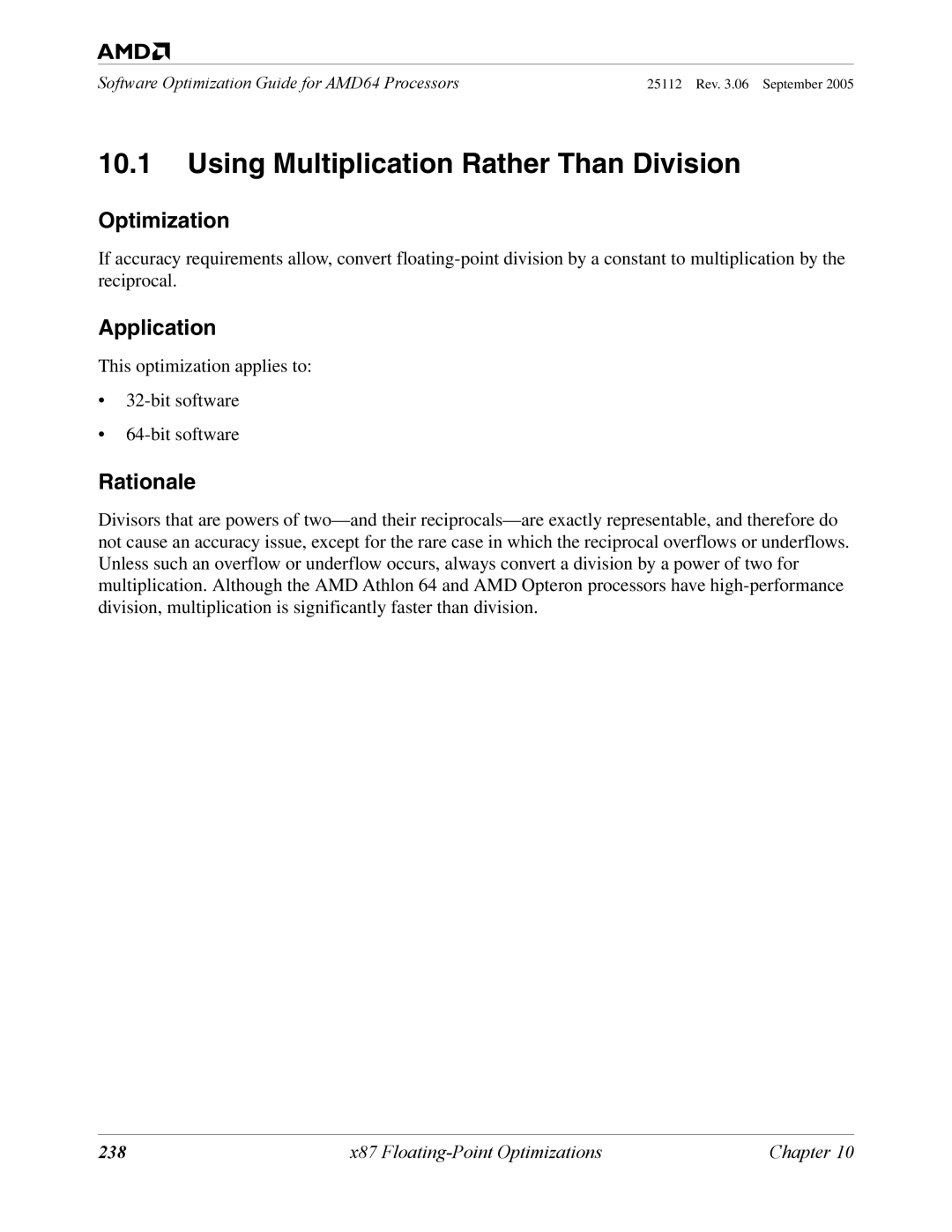 AMD 250 manual Using Multiplication Rather Than Division, 238 