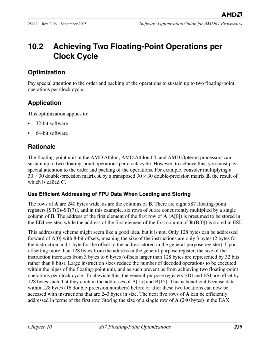 AMD 250 manual Achieving Two Floating-Point Operations per Clock Cycle, 239 