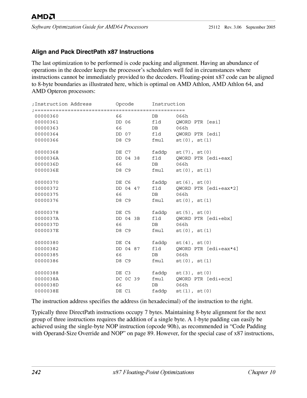 AMD 250 manual Align and Pack DirectPath x87 Instructions, 242 