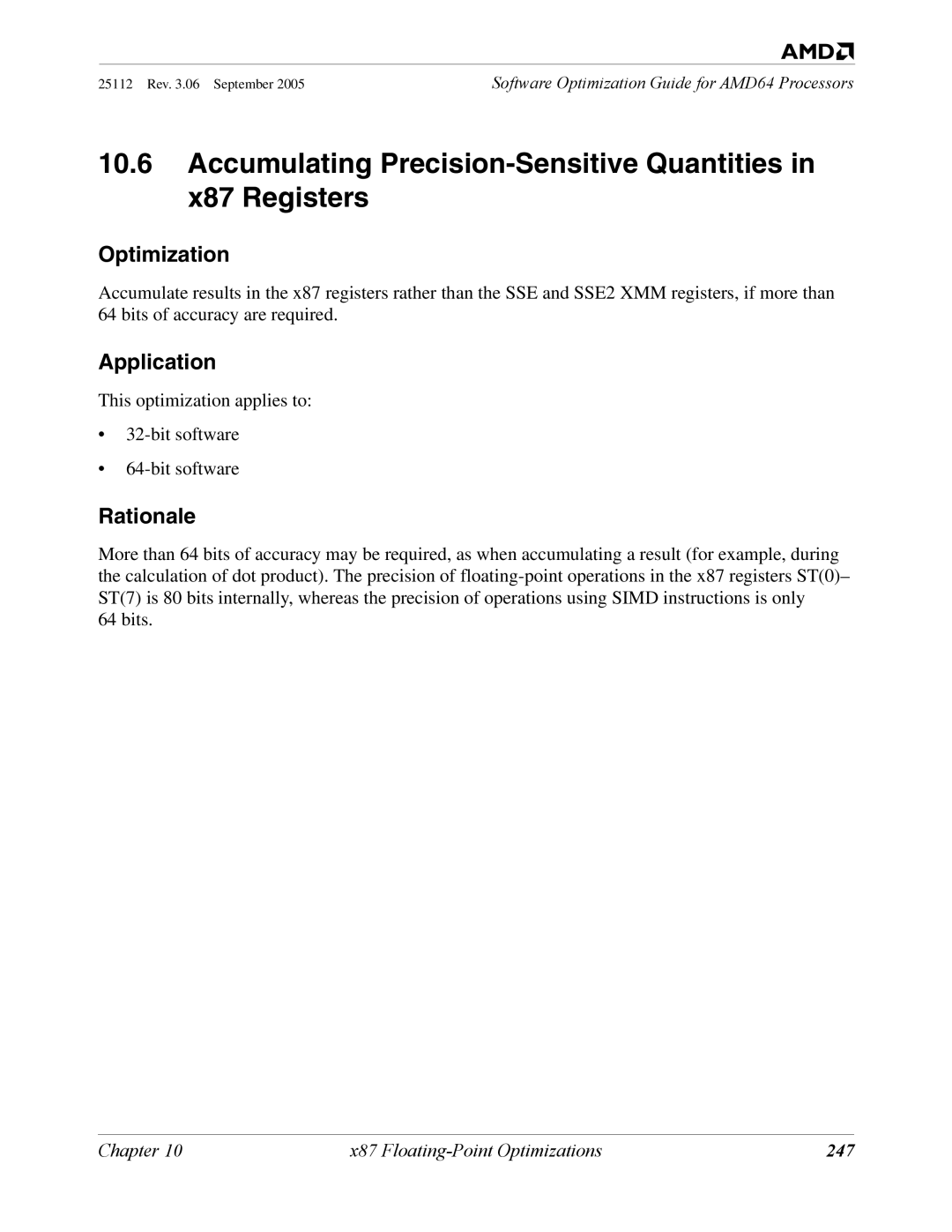 AMD 250 manual Accumulating Precision-Sensitive Quantities in x87 Registers, 247 