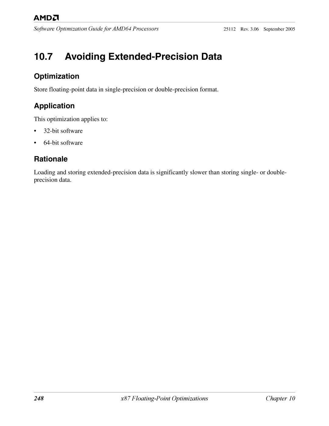 AMD 250 manual Avoiding Extended-Precision Data, 248 