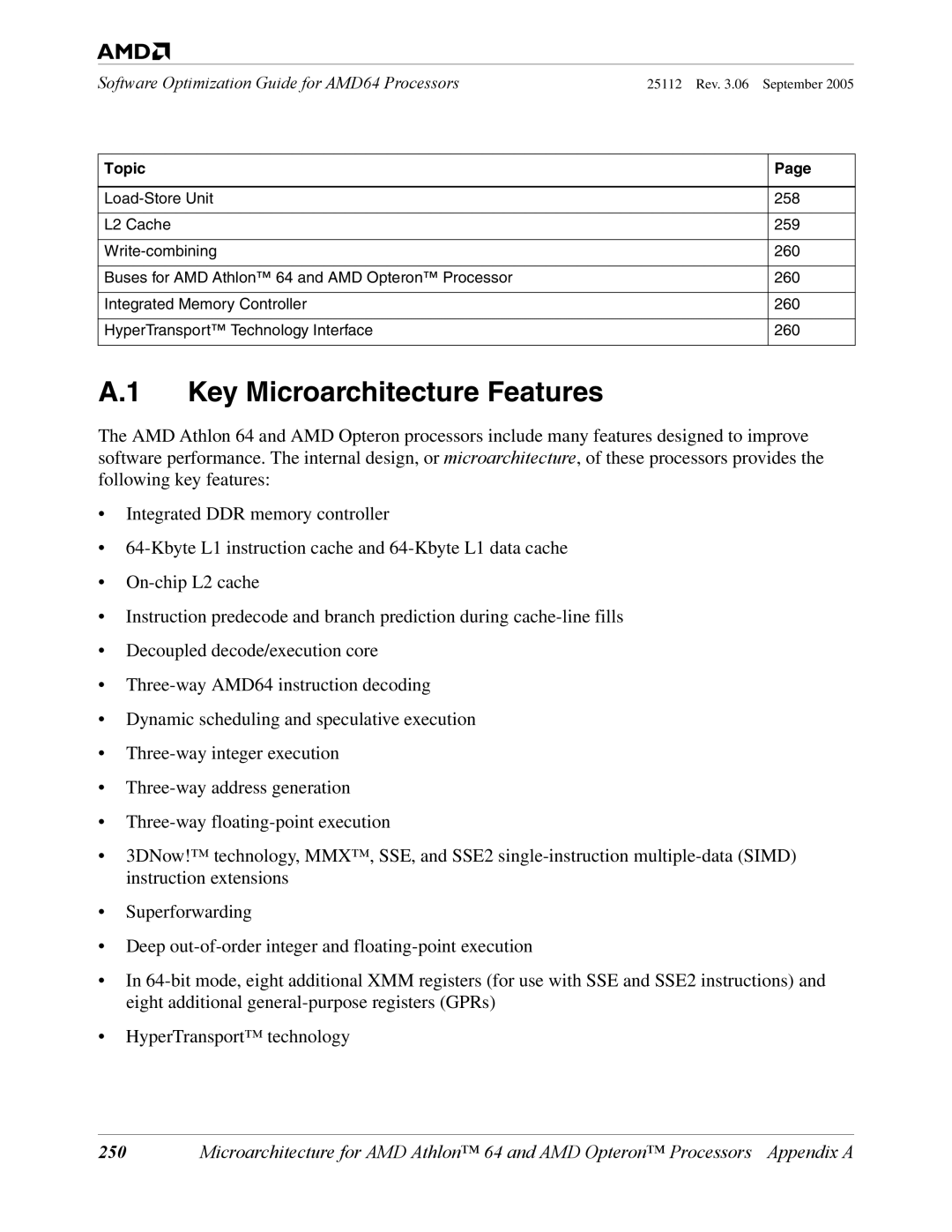 AMD 250 manual Key Microarchitecture Features 