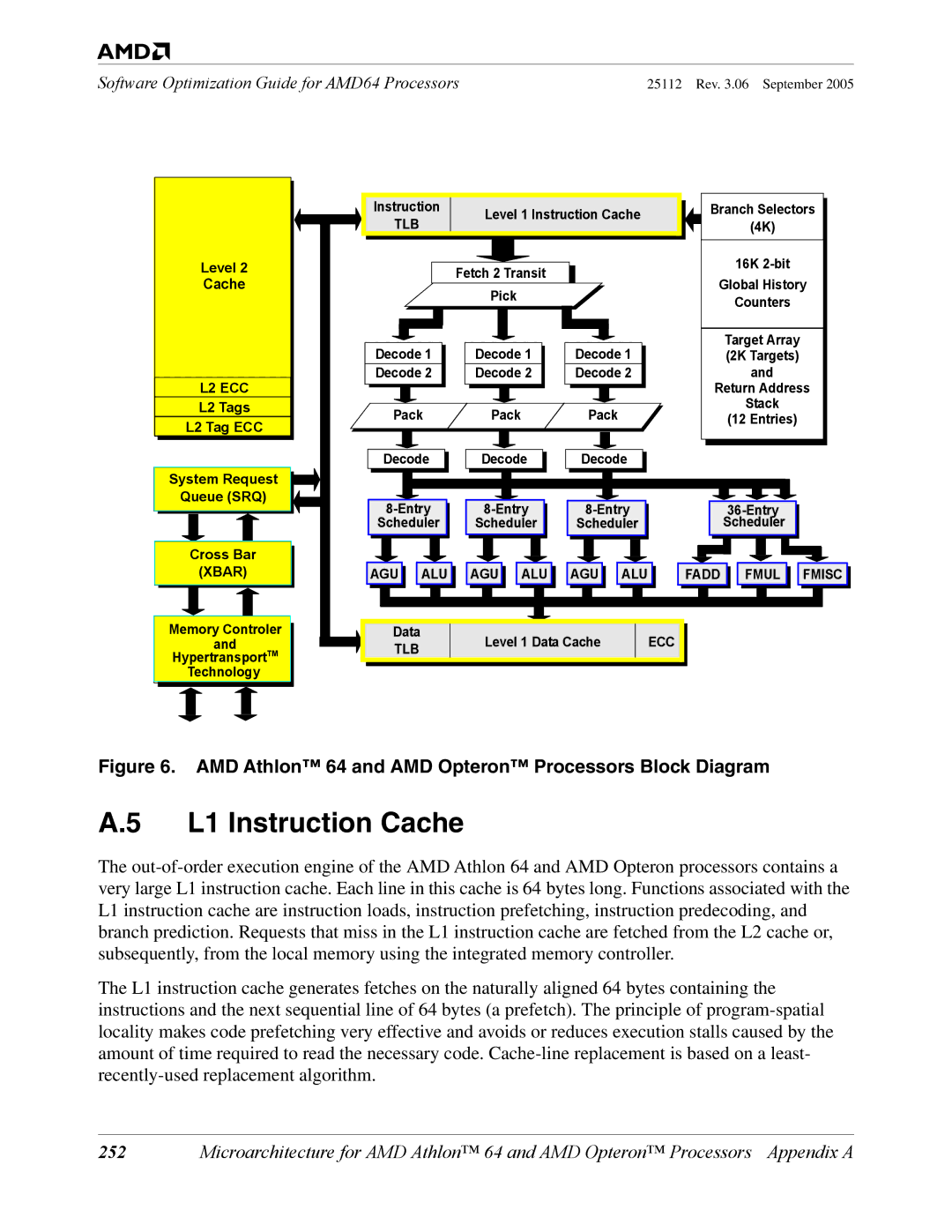 AMD 250 manual L1 Instruction Cache, AMD Athlon 64 and AMD Opteron Processors Block Diagram 