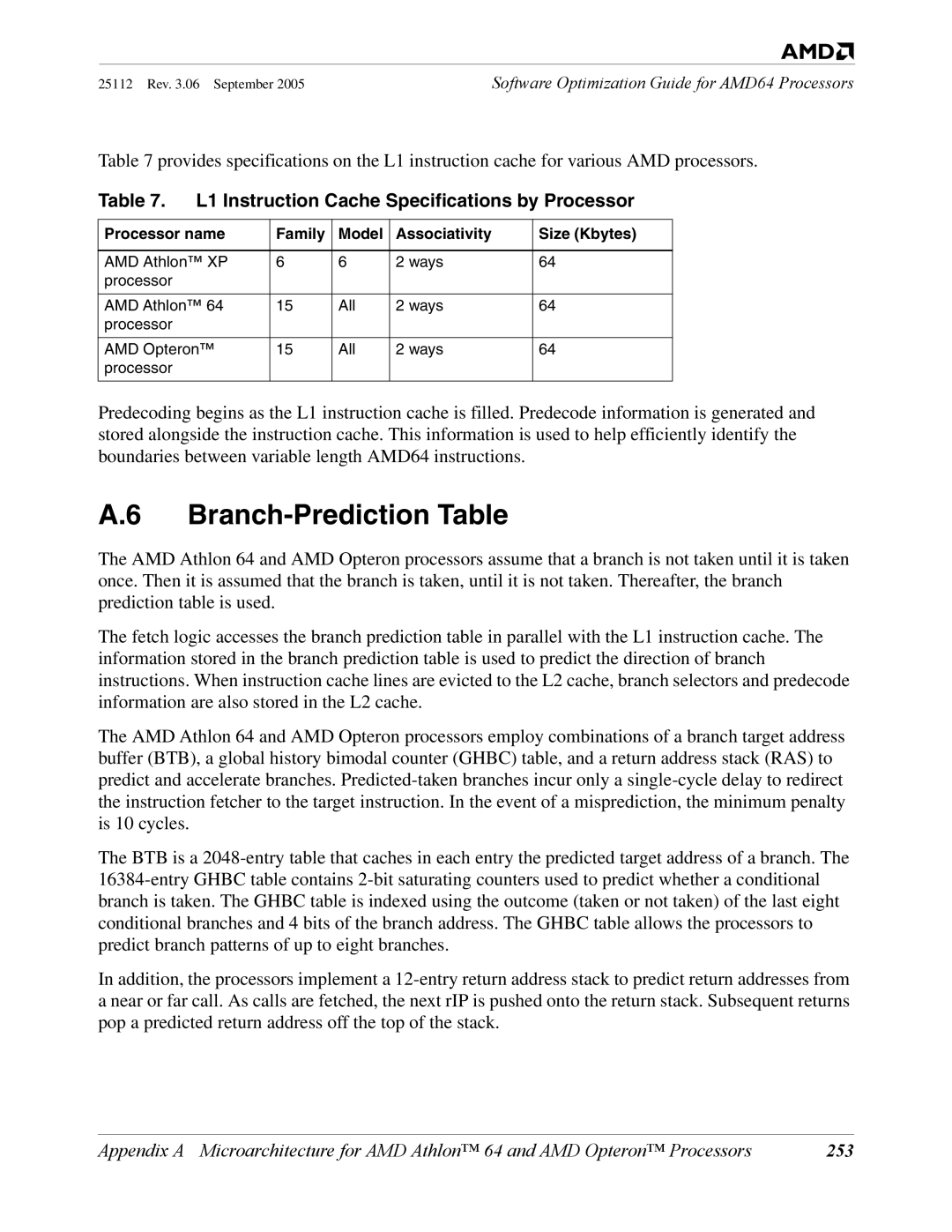 AMD 250 manual Branch-Prediction Table, L1 Instruction Cache Specifications by Processor, 253 