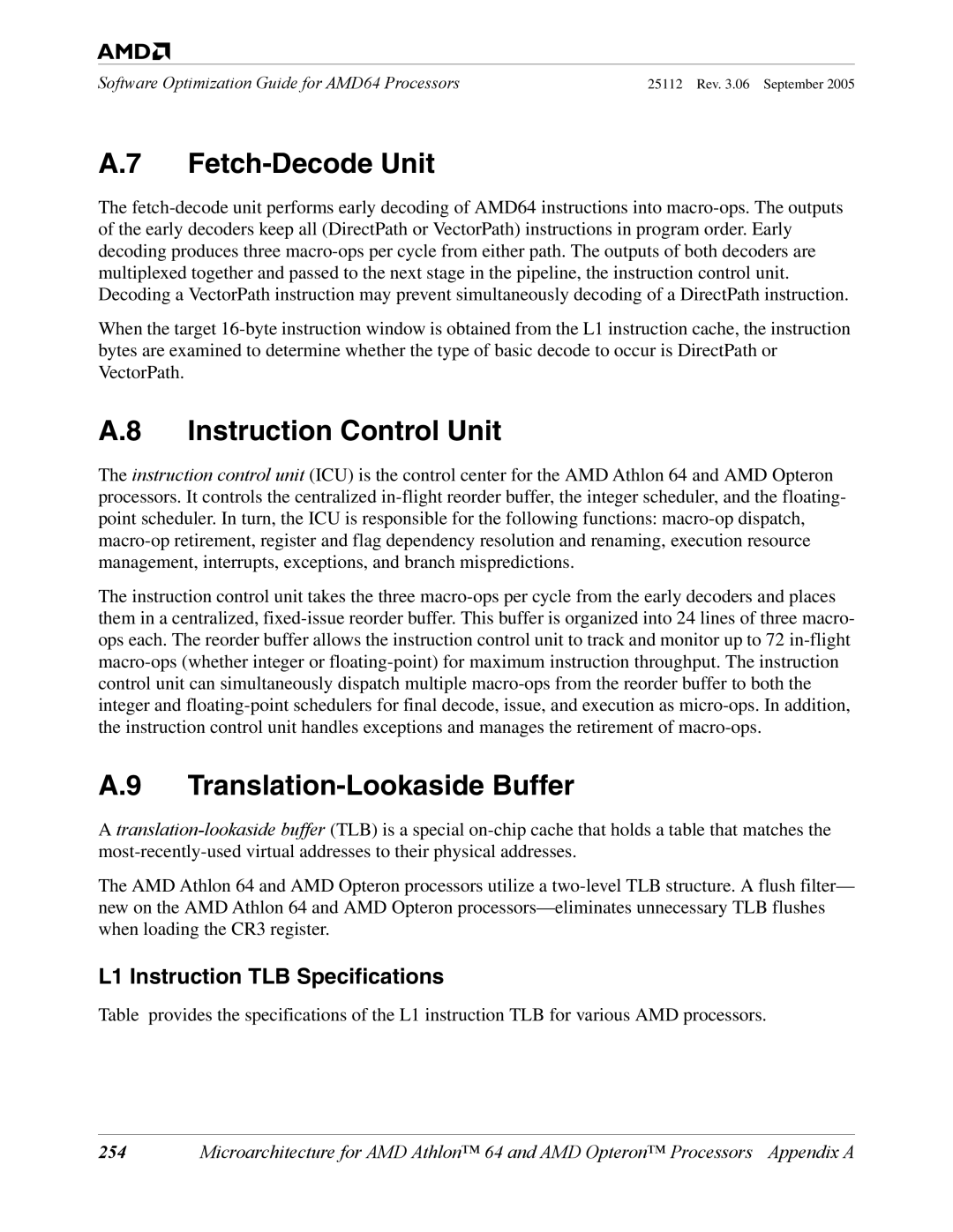 AMD 250 manual Fetch-Decode Unit, Instruction Control Unit, Translation-Lookaside Buffer, L1 Instruction TLB Specifications 