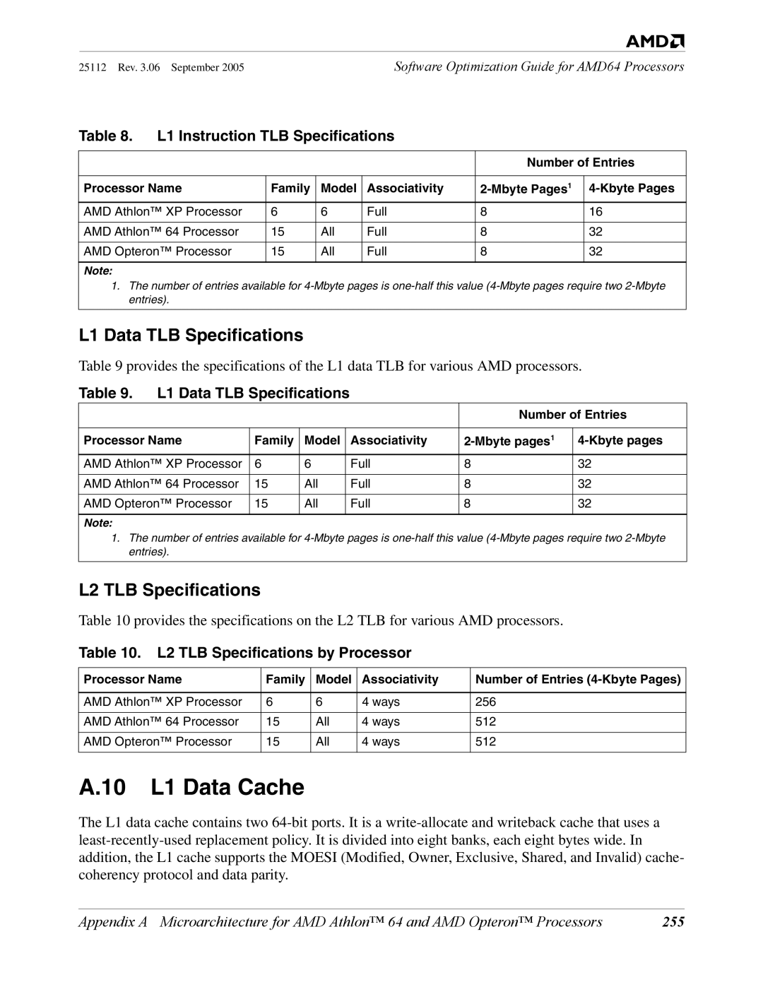 AMD 250 manual 10 L1 Data Cache, L1 Data TLB Specifications, L2 TLB Specifications 