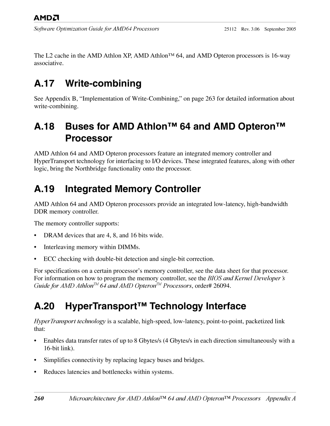 AMD 250 manual Buses for AMD Athlon 64 and AMD Opteron Processor, Integrated Memory Controller 