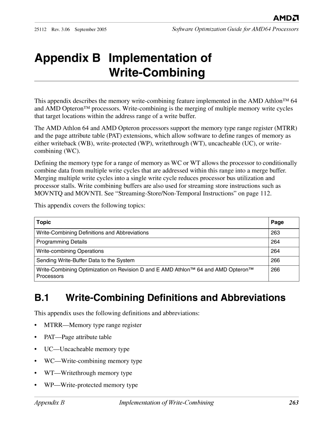 AMD 250 manual Write-Combining Definitions and Abbreviations, 263 