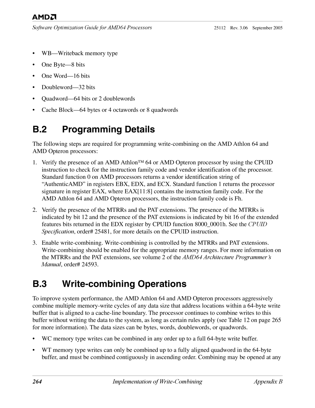 AMD 250 manual Programming Details, Write-combining Operations, 264 