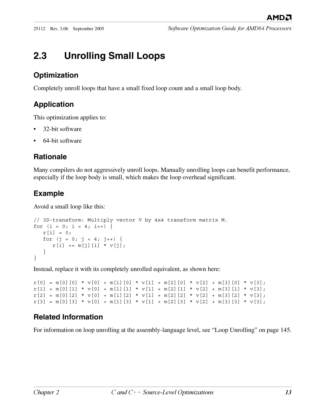 AMD 250 manual Unrolling Small Loops, Related Information 