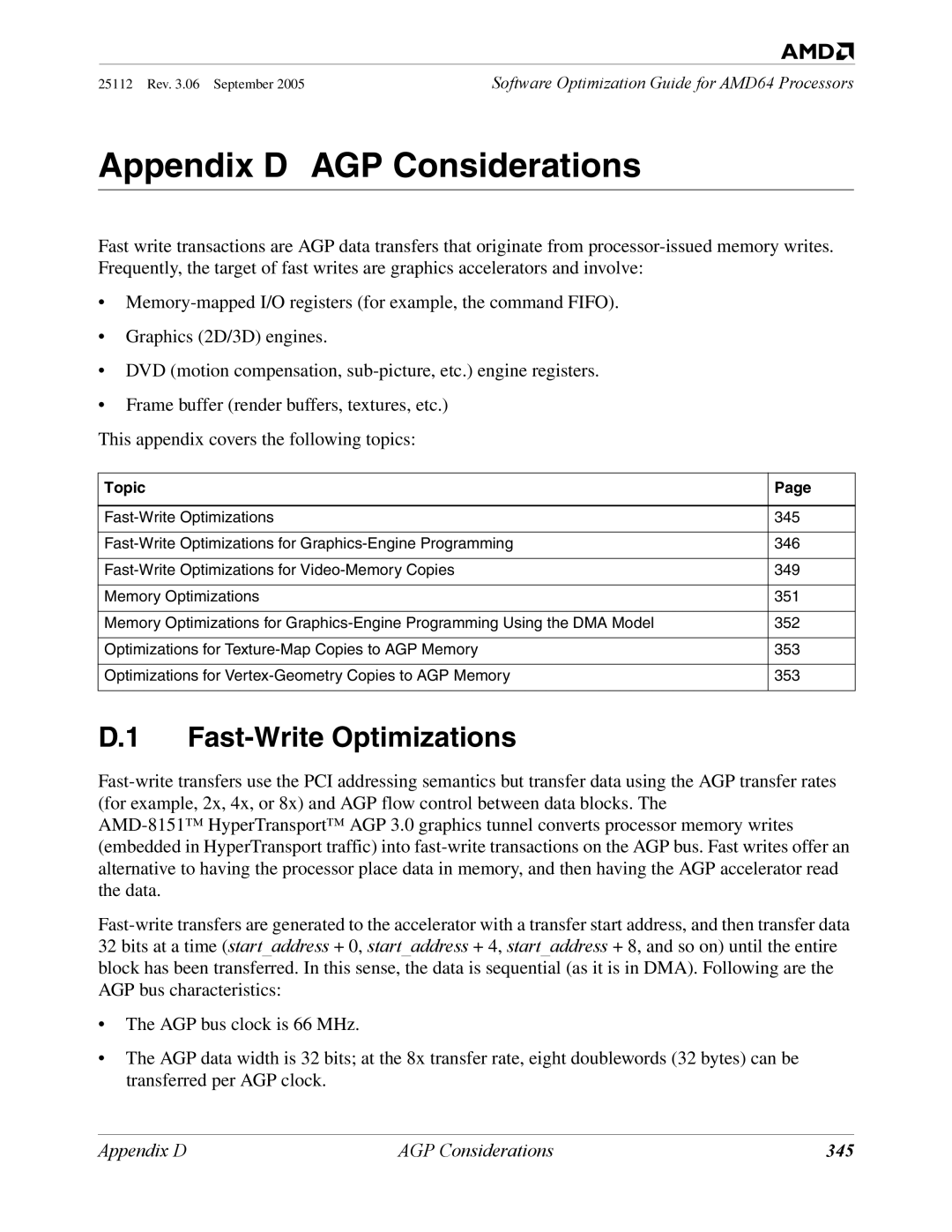 AMD 250 manual Fast-Write Optimizations, 345 