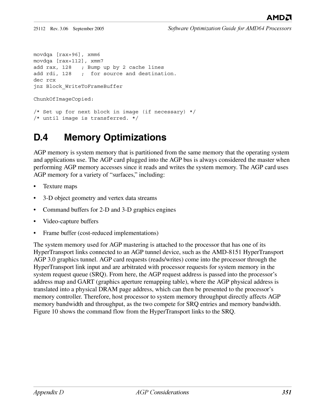 AMD 250 manual Memory Optimizations, 351 