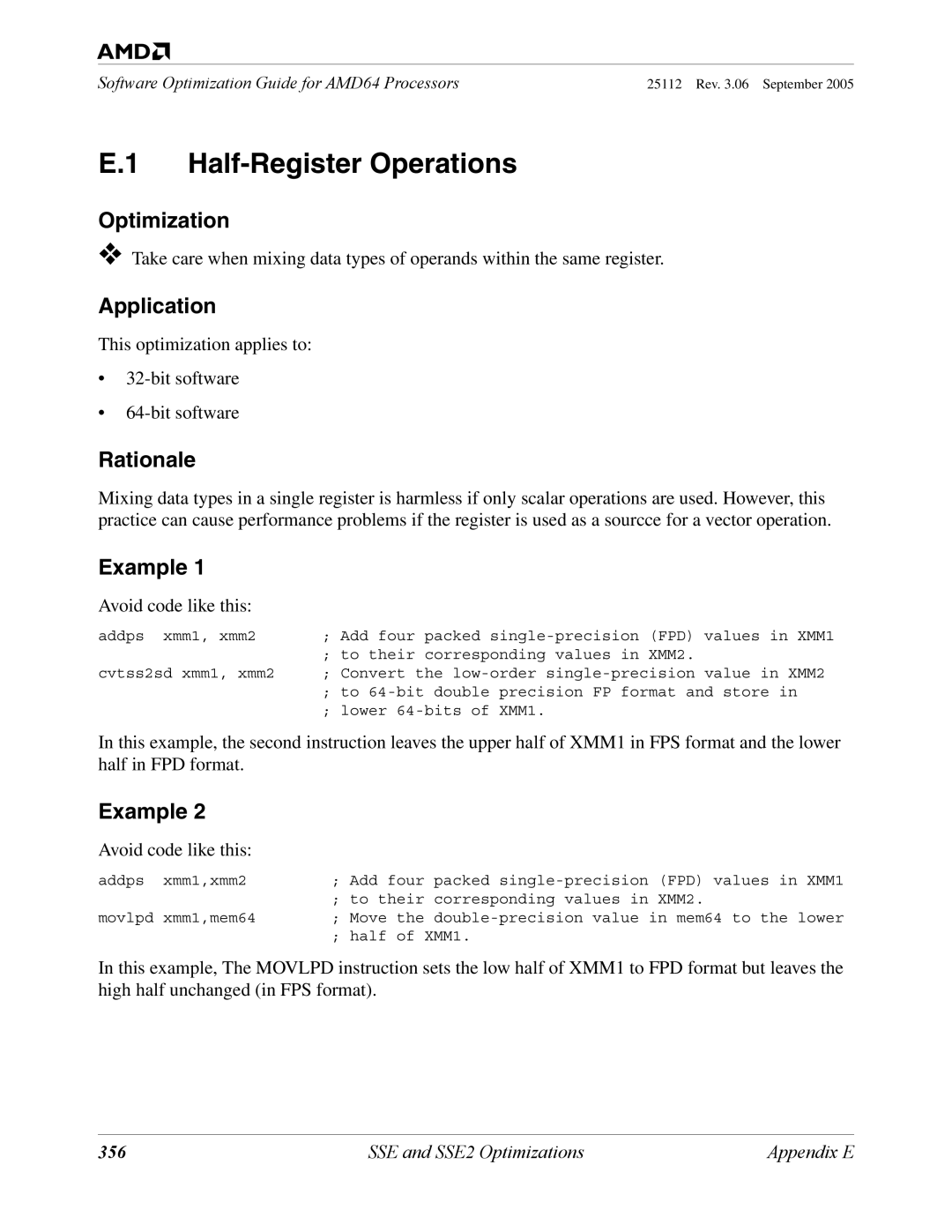 AMD 250 manual Half-Register Operations, 356 