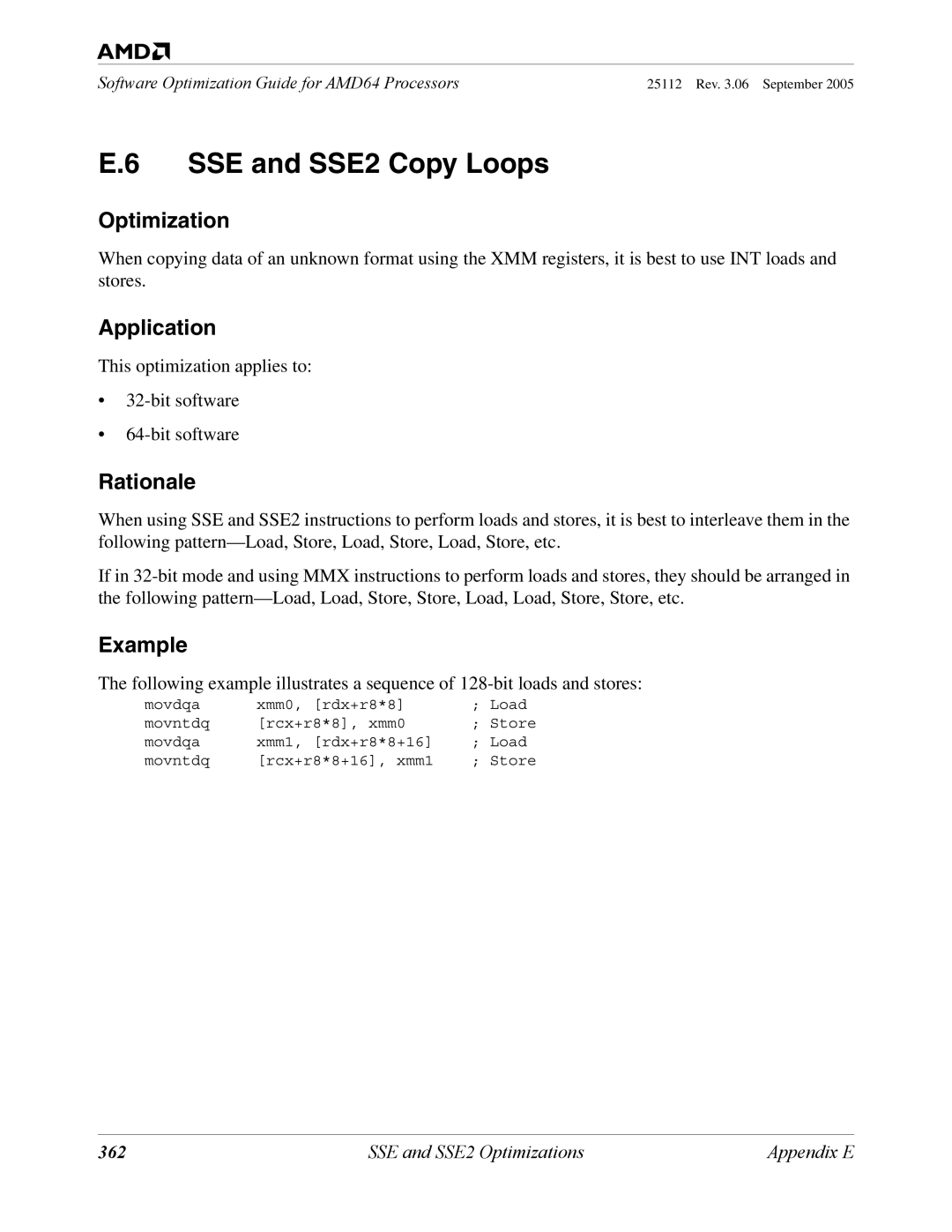 AMD 250 manual SSE and SSE2 Copy Loops, 362 