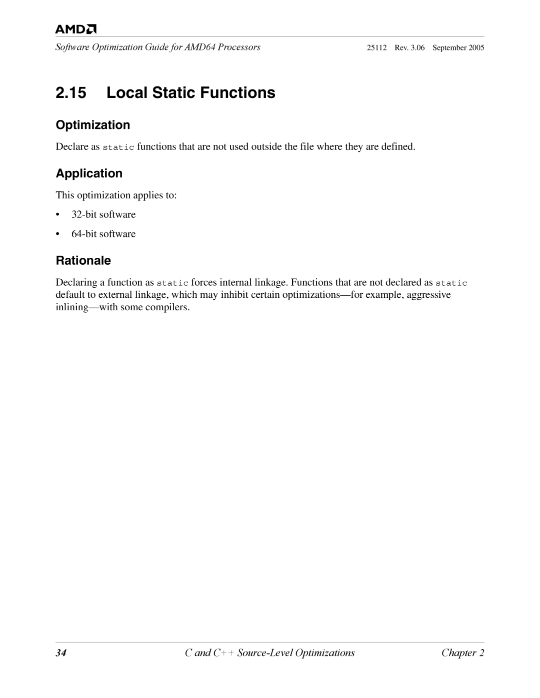 AMD 250 manual Local Static Functions, Optimization 