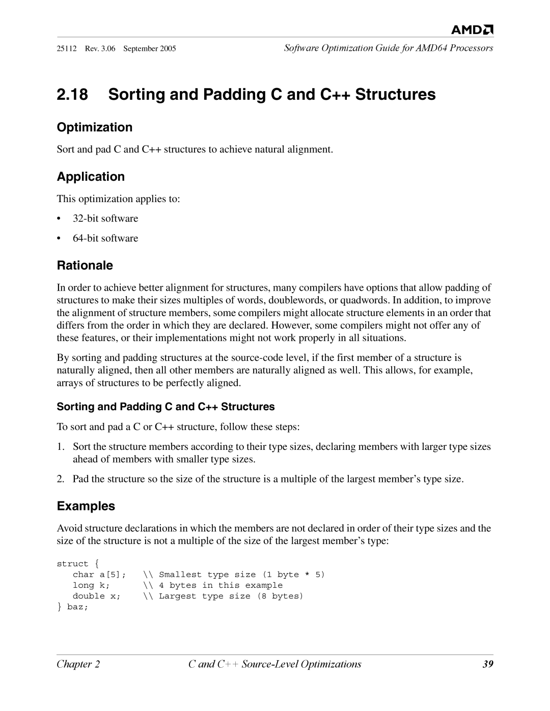 AMD 250 manual Sorting and Padding C and C++ Structures 