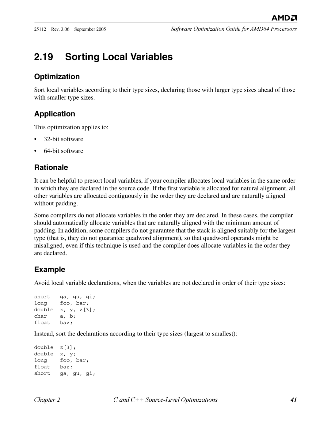 AMD 250 manual Sorting Local Variables, Example 