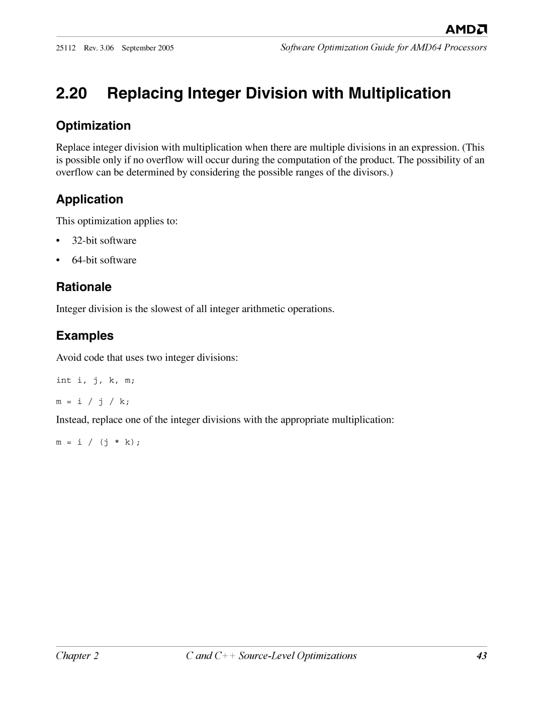 AMD 250 manual Replacing Integer Division with Multiplication, Examples 