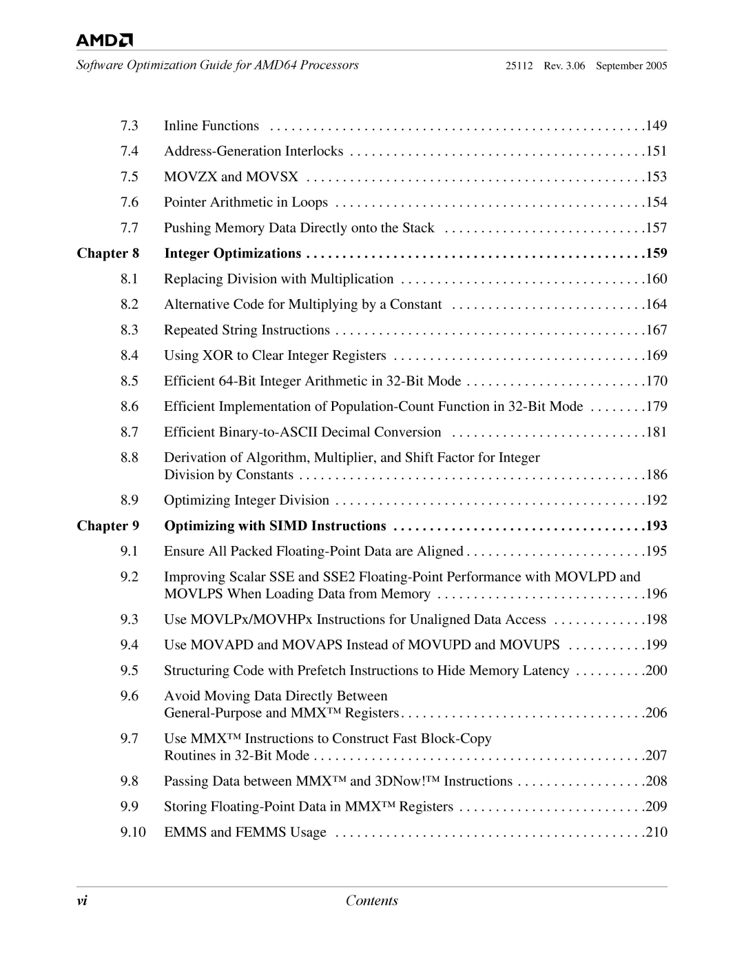 AMD 250 manual Chapter Integer Optimizations 159 