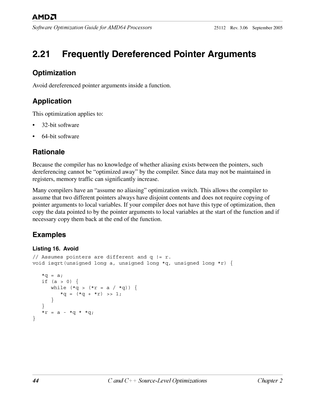 AMD 250 manual Frequently Dereferenced Pointer Arguments, Listing 16. Avoid 