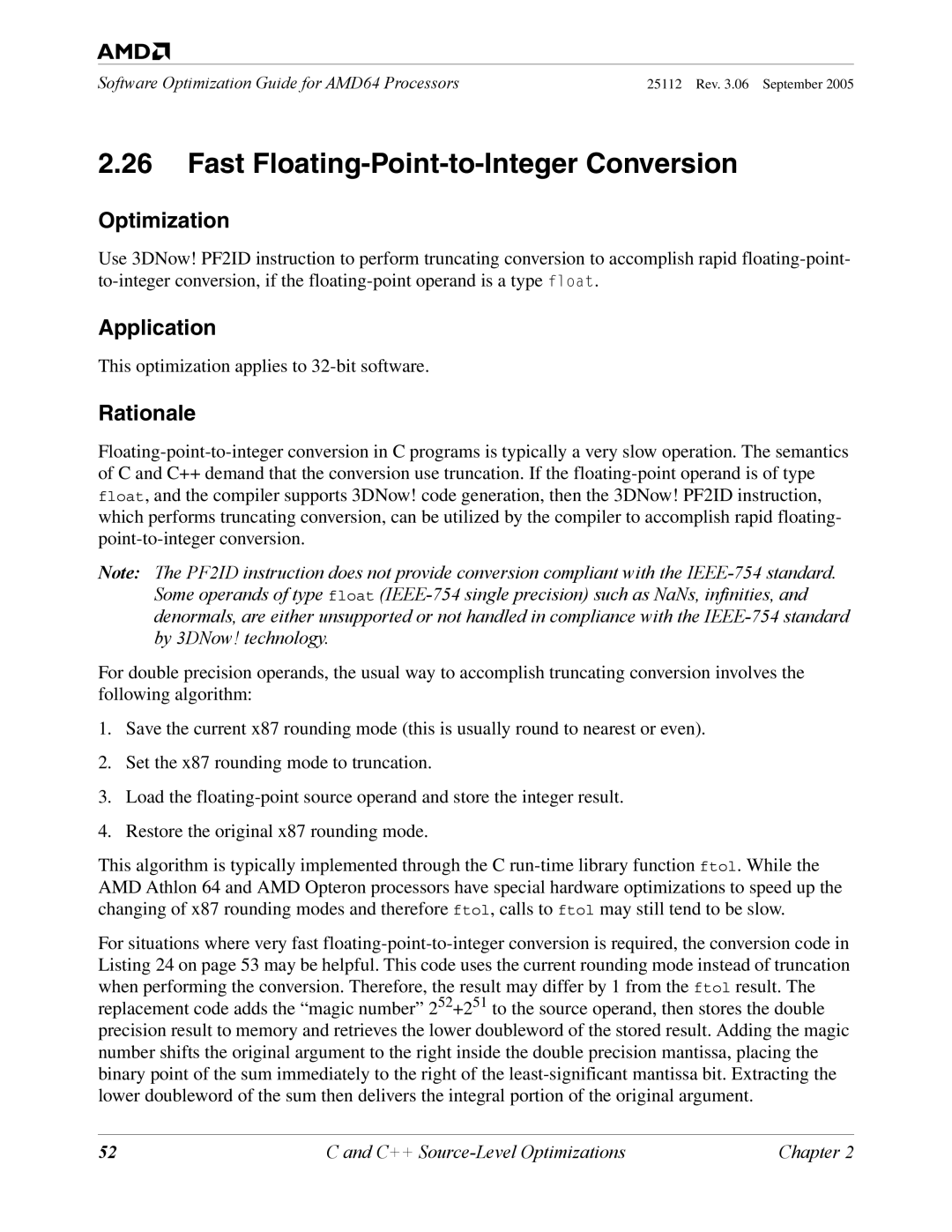 AMD 250 manual Fast Floating-Point-to-Integer Conversion 