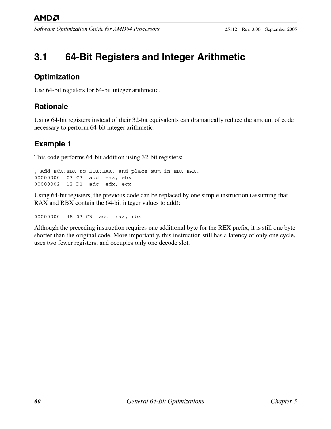 AMD 250 manual Bit Registers and Integer Arithmetic, This code performs 64-bit addition using 32-bit registers 