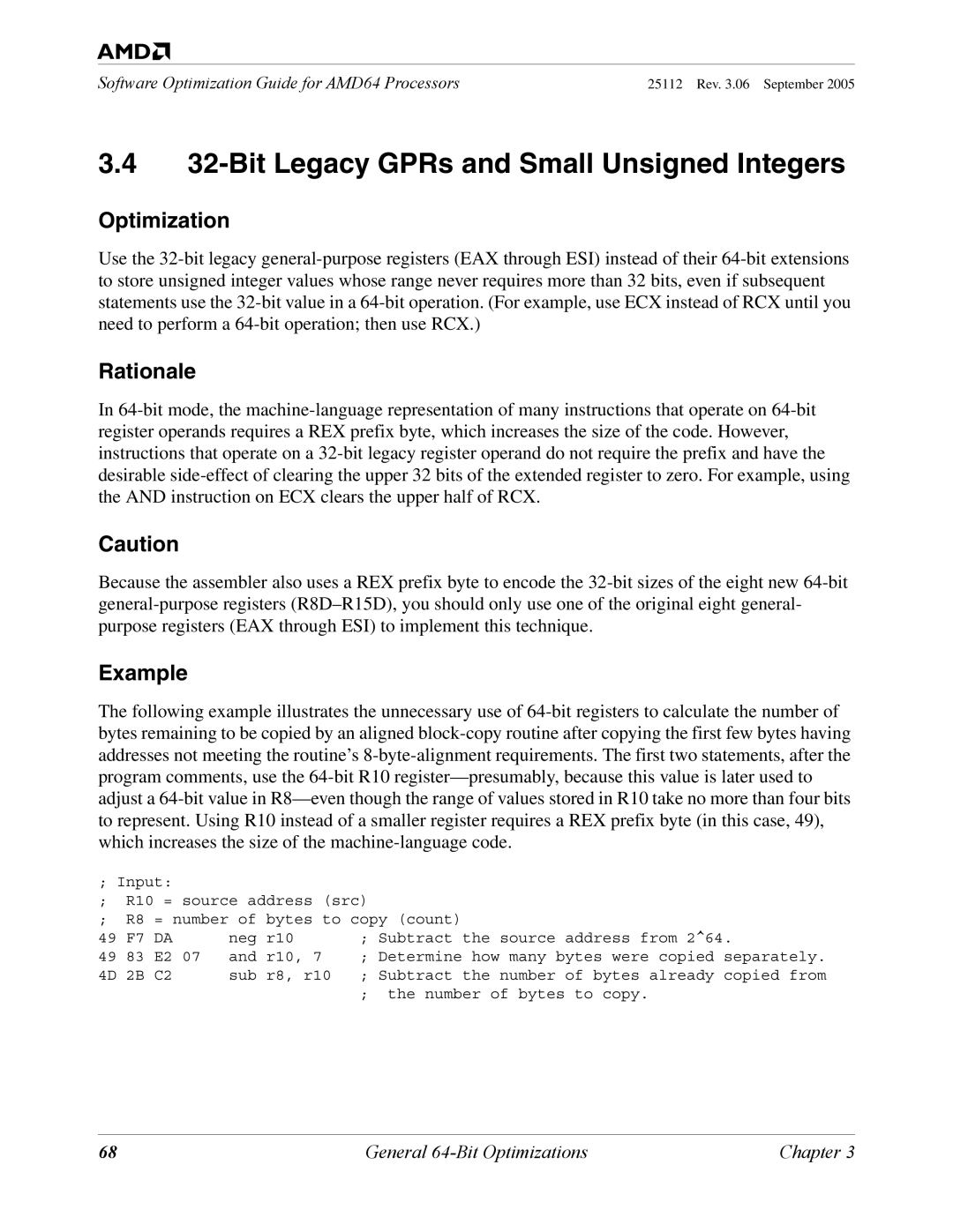 AMD 250 manual Bit Legacy GPRs and Small Unsigned Integers, Example 