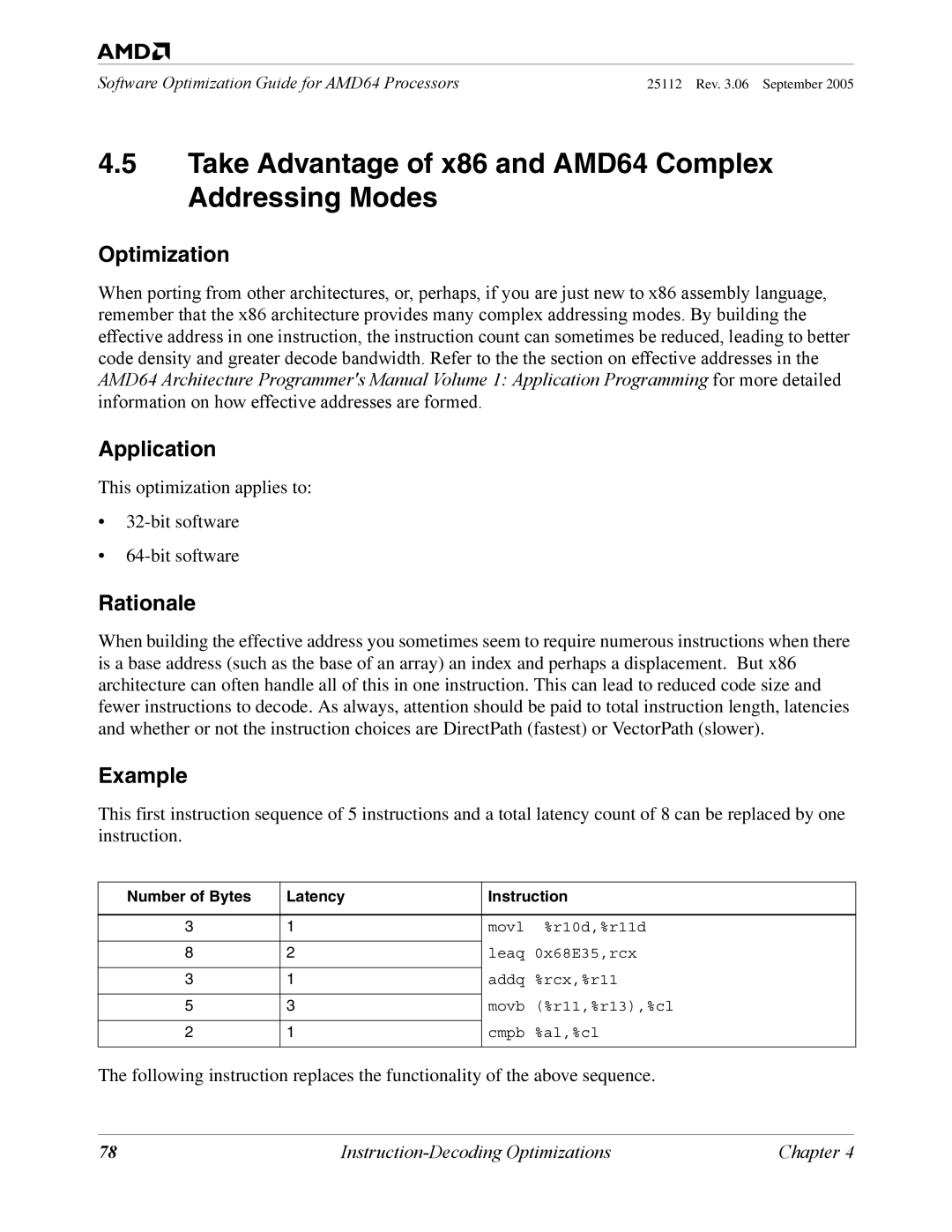 AMD 250 manual Take Advantage of x86 and AMD64 Complex Addressing Modes, Example 