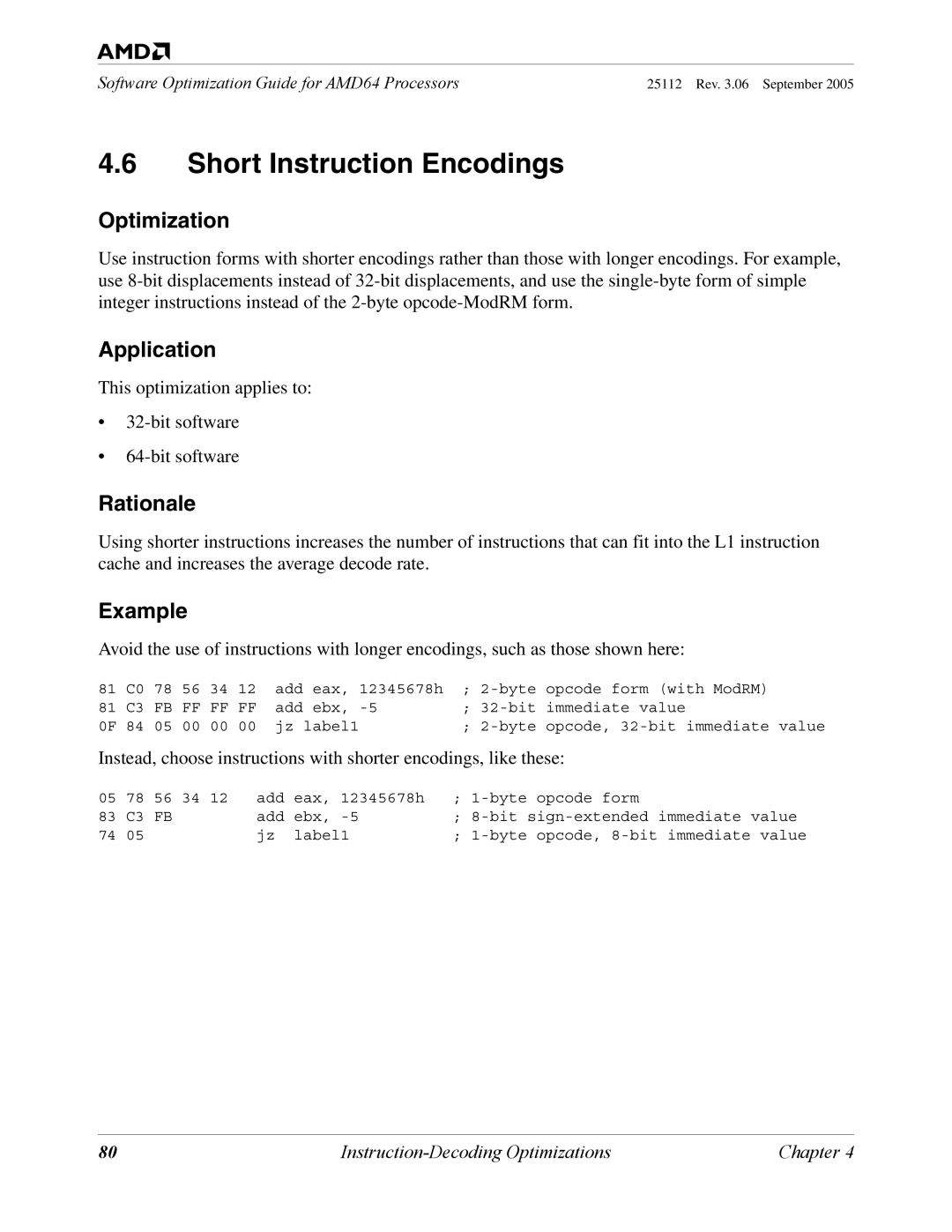 AMD 250 manual Short Instruction Encodings 