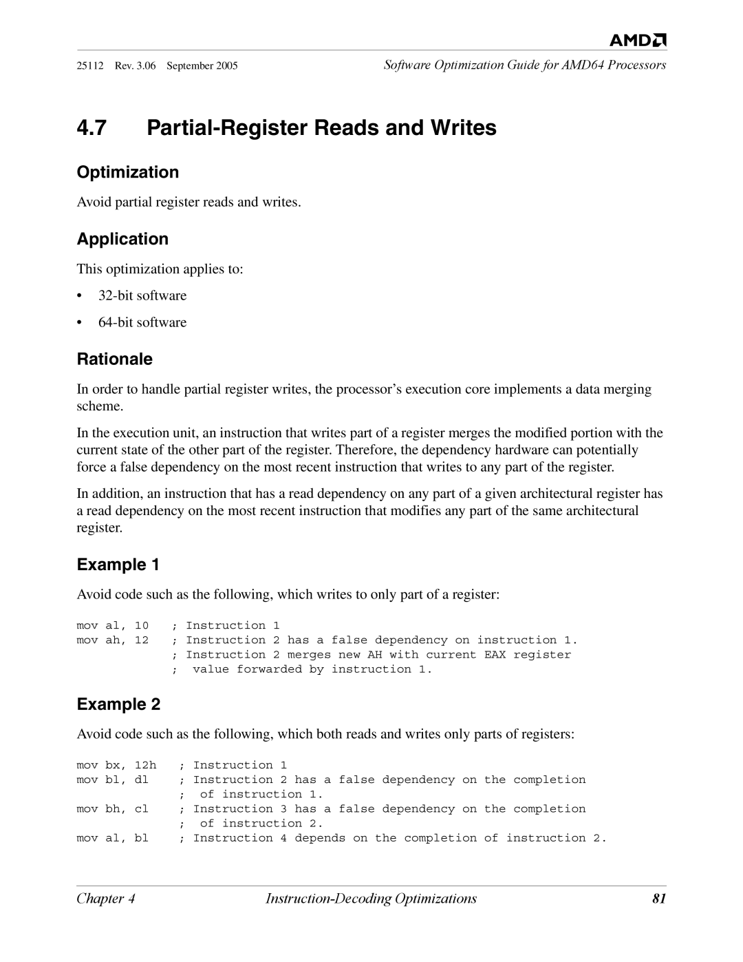 AMD 250 manual Partial-Register Reads and Writes 