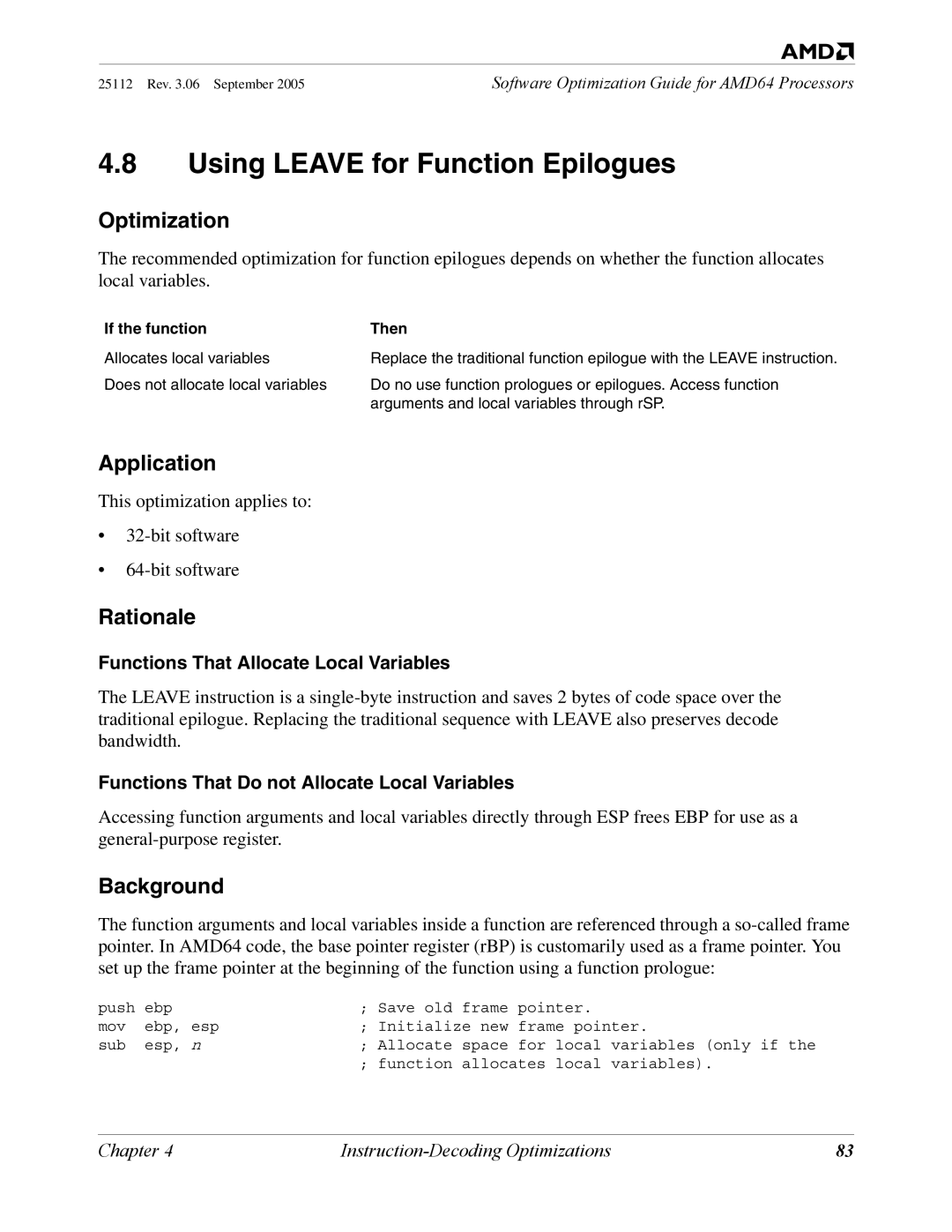 AMD 250 manual Using Leave for Function Epilogues, Functions That Allocate Local Variables 