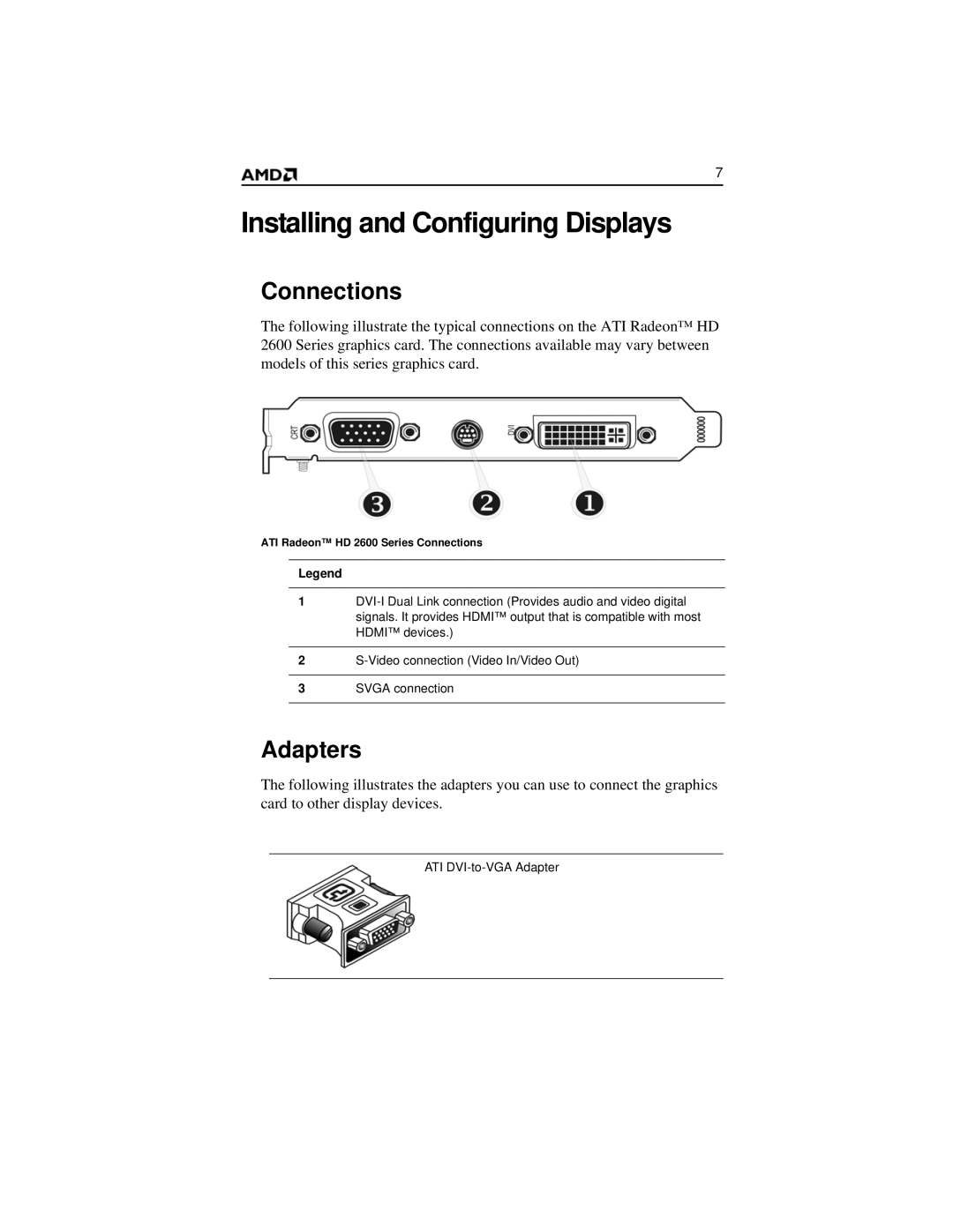 AMD 2600 manual Installing and Configuring Displays, Connections, Adapters 