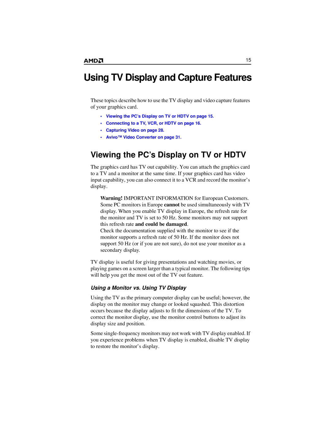 AMD 2600 manual Using TV Display and Capture Features, Viewing the PC’s Display on TV or Hdtv 