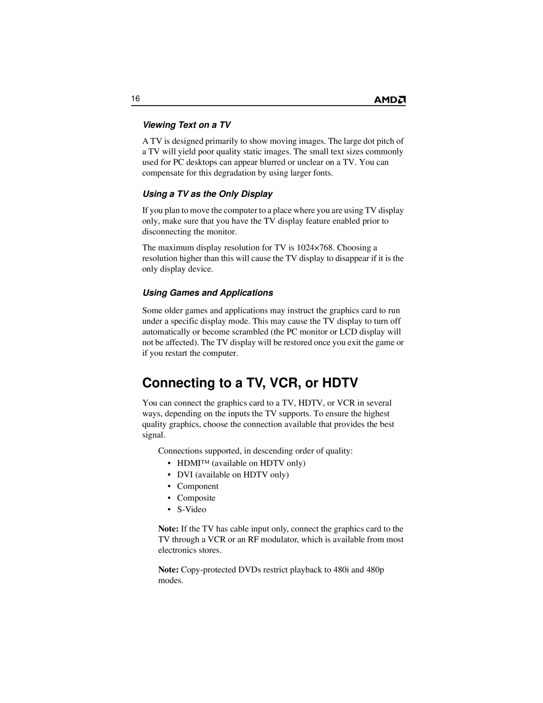 AMD 2600 manual Connecting to a TV, VCR, or Hdtv, Viewing Text on a TV, Using a TV as the Only Display 