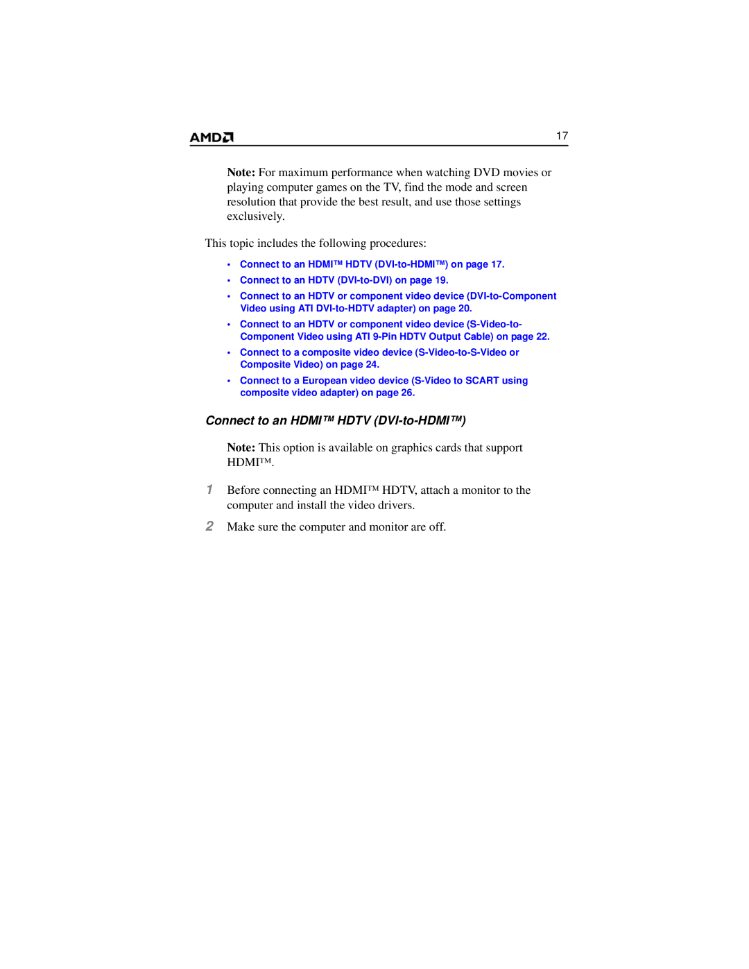 AMD 2600 manual This topic includes the following procedures, Connect to an Hdmi Hdtv DVI-to-HDMI 