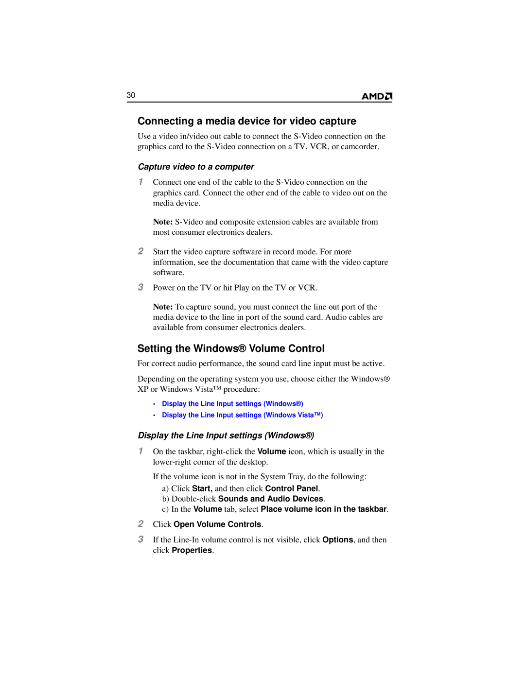 AMD 2600 Connecting a media device for video capture, Setting the Windows Volume Control, Capture video to a computer 