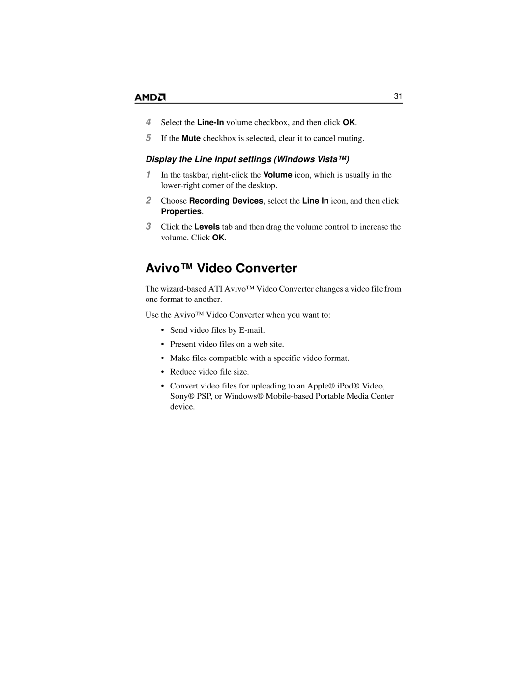AMD 2600 manual Avivo Video Converter, Display the Line Input settings Windows Vista 